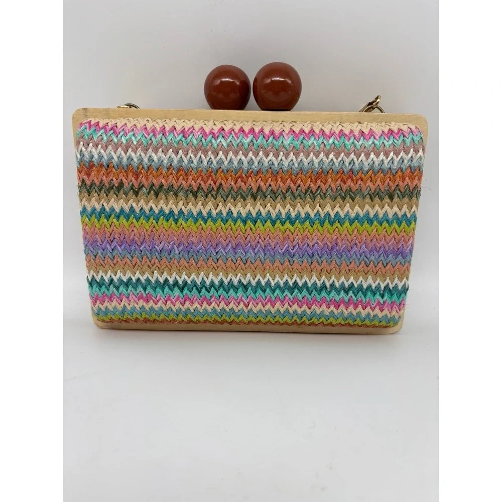 Bohemian Woven Chevron Clutch Multi-Color Wood Frame Ball Clasp Chic